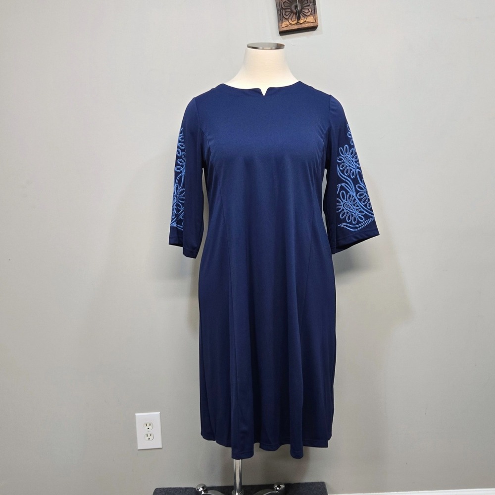 Bob Mackie Wearable Art Midi Dress Plus 1X Blue Embroidered Shift Boho Statement